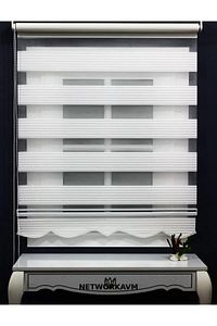 Geniş Pliseli Etek Dilimli Ekru Beyaz Zebra Stor Güneşlik Perde ürün fotoğrafı