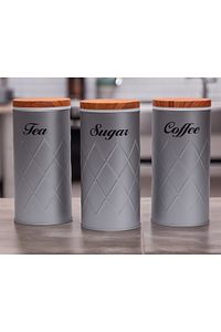 3'lü Set Metal Çay Kahve Şeker Saklama Kabı Kavanoz Vakum Kapaklı - Gri ürün fotoğrafı