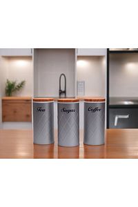 3'lü Set Metal Çay Kahve Şeker Saklama Kabı Kavanoz Vakum Kapaklı - Gri ürün fotoğrafı