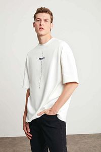 Project Erkek Baskı Detaylı Oversize Fit %100 Organik Pamuk Örme Bisiklet Yaka Örme Beyaz T-shirt ürün fotoğrafı