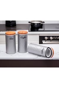 3'lü Set Metal Çay Kahve Şeker Saklama Kabı Kavanoz Vakum Kapaklı - Gri ürün fotoğrafı