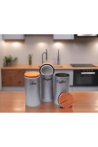 3'lü Set Metal Çay Kahve Şeker Saklama Kabı Kavanoz Vakum Kapaklı - Gri ürün fotoğrafı
