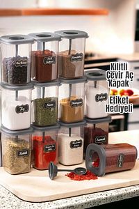 12'li 450ml Etiketli Ve Kilitlenebilir Kendinden Kaşıklı Baharatlık Seti - 25 Adet Etiket Hediye ürün fotoğrafı