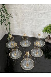 18 Parça Çay Seti Gold Kelebek Çay Kaşıklı 6 Bardak 6 Tabak 6 Kaşık ürün fotoğrafı