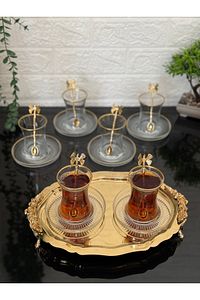 18 Parça Çay Seti Gold Kelebek Çay Kaşıklı 6 Bardak 6 Tabak 6 Kaşık ürün fotoğrafı