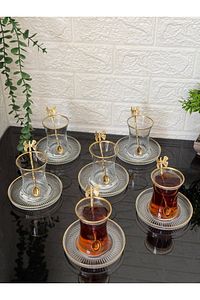 18 Parça Çay Seti Gold Kelebek Çay Kaşıklı 6 Bardak 6 Tabak 6 Kaşık ürün fotoğrafı