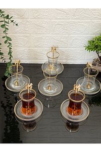 18 Parça Çay Seti Gold Kelebek Çay Kaşıklı 6 Bardak 6 Tabak 6 Kaşık ürün fotoğrafı