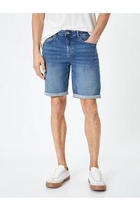 Kot Şort Slim Fit Düğmeli Cepli Katlı Paça Detaylı ürün fotoğrafı