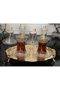 18 Parça Çay Seti Gold Kelebek Çay Kaşıklı 6 Bardak 6 Tabak 6 Kaşık ürün fotoğrafı