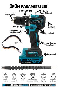 21v Çift Akü Kömürsüz Motor Çelik Mandren Darbeli Akülü Vidalama Şarjlı Matkap ürün fotoğrafı