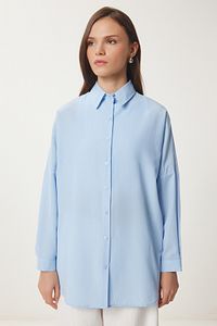 Kadın Gök Mavi Oversize Uzun Basic Gömlek DD00842 ürün fotoğrafı