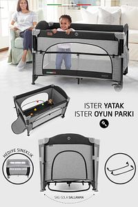 Bonte 2 6in1 Lüks Anne Yanı Oyun Parkı Park Yatak Xl 70x120 Cm Gri-siyah Yatak Hediye ürün fotoğrafı