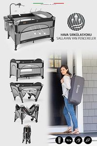 Bonte 2 6in1 Lüks Anne Yanı Oyun Parkı Park Yatak Xl 70x120 Cm Gri-siyah Yatak Hediye ürün fotoğrafı