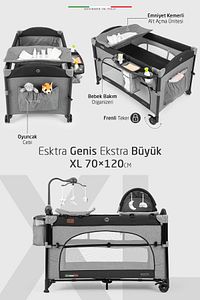 Bonte 2 6in1 Lüks Anne Yanı Oyun Parkı Park Yatak Xl 70x120 Cm Gri-siyah Yatak Hediye ürün fotoğrafı