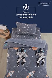 Tek Kişilik Çarşaflı Astronot Desenli Çift Taraflı Wellsoft Uyku Seti (Yorgan+Çarşaf+Yastık Kılıfı) ürün fotoğrafı