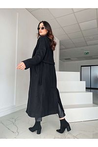 Siyah Kuşaklı Içi Astarlı Cep Detaylı Kaşe Kaban ürün fotoğrafı