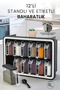 12'li Kendinden Yapışkanlı Kaşıklı Standlı Baharatlık Takımı Kapaklı Kulplu Etiketli Baharatlık Seti ürün fotoğrafı