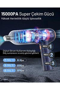 Neo 3 Kademeli Süper Şarjlı Araç Süpürgesi Ev-Ofis-Araba Kullanımı Çok Fonksiyonlu Emiş Gücü 15000PA ürün fotoğrafı