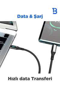 TYPE-C TYPE-C Göstergeli Örgülü Hızlı Şarj Data Kablosu 100W 1.2m BA-03 100w ürün fotoğrafı