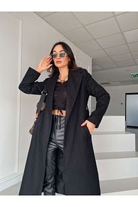 Siyah Kuşaklı Içi Astarlı Cep Detaylı Kaşe Kaban ürün fotoğrafı