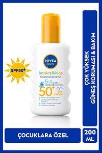 SUN SPF50 Çocuklar İçin Hassas Güneş Koruyucu Vücut Spreyi 200ml, UVA Koruması, 5i 1 Arada Bakım ürün fotoğrafı