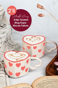 2'li El Yapımı Seramik Kalp Tasarım Mug Kupa Fincan Handmade El Yapımı Mug Fincan Kupa Kahve Kupası ürün fotoğrafı
