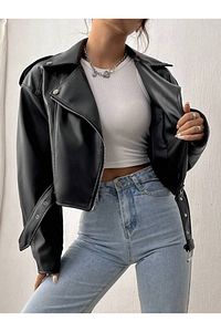 Kemerli Oversize Crop Deri Ceket ürün fotoğrafı