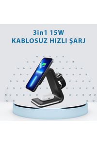3in1 15w Iphone Airpods Watch Kablosuz Şarj Standı Rgb Ledli B17 ürün fotoğrafı