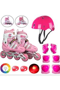 Pembe Işıklı Teker Ayarlanabilir Çocuk Alıştırma Paten 2 Fonksiyon Çakarlı Kask Dizlik Set ürün fotoğrafı