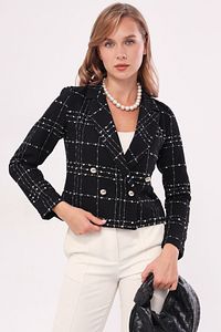 Kadın Siyah Kruvaze Yaka Tüvit Crop Ceket ARM-24K001014 ürün fotoğrafı