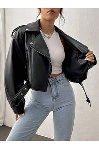 Kemerli Oversize Crop Deri Ceket ürün fotoğrafı