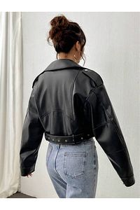 Kemerli Oversize Crop Deri Ceket ürün fotoğrafı