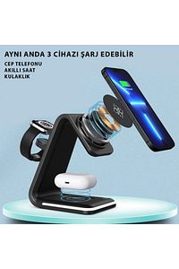 3in1 15w Iphone Airpods Watch Kablosuz Şarj Standı Rgb Ledli B17 ürün fotoğrafı