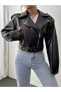 Kemerli Oversize Crop Deri Ceket ürün fotoğrafı