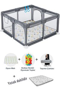 Playard Güvenli Bebek Ve Çocuk Oyun Alanı Oyun Parkı 120x120 Oyun Matı Topları Ve ,yataklı Gri ürün fotoğrafı