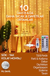 Sl-1034- 300 Ledli 10 Saçaklı Sarı Led Kumandalı 8 Modlu Perde Led Peri Mutfak Işık Dekoratif Lamba ürün fotoğrafı