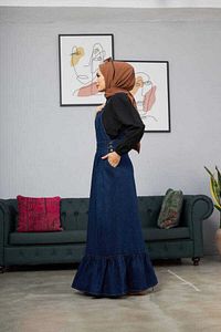 2263-denim Salopet Etek Fırfırlı Lacivert ürün fotoğrafı
