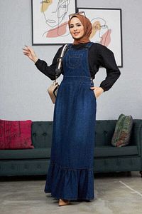 2263-denim Salopet Etek Fırfırlı Lacivert ürün fotoğrafı
