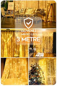 Sl-1034- 300 Ledli 10 Saçaklı Sarı Led Kumandalı 8 Modlu Perde Led Peri Mutfak Işık Dekoratif Lamba ürün fotoğrafı