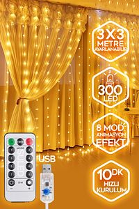 Sl-1034- 300 Ledli 10 Saçaklı Sarı Led Kumandalı 8 Modlu Perde Led Peri Mutfak Işık Dekoratif Lamba ürün fotoğrafı