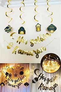 Led Işık Hoşgeldin Ramazan Gold Banner Yazı Iyi Bayramlar 6'lı Tavan Süs Ramazan Oda Süsleme Seti ürün fotoğrafı