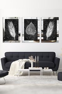 Çiçek Yaprak Gümüş 3 Parça Pleksi Aynalı Tablo ürün fotoğrafı