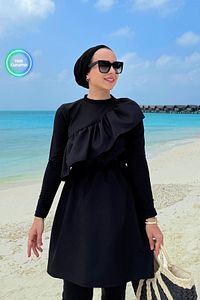 Fırfır Detay Tam Kapalı 2'li Tesettür Mayo - Siyah ürün fotoğrafı
