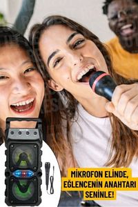 Bluetooth Hoparlör Parti Hoparlörü Karaoke Mikrofon Işıklı Ses Bombası Radyo Usb Sd Girişli ürün fotoğrafı