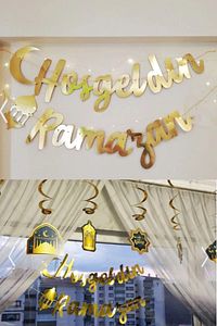 Led Işık Hoşgeldin Ramazan Gold Banner Yazı Iyi Bayramlar 6'lı Tavan Süs Ramazan Oda Süsleme Seti ürün fotoğrafı