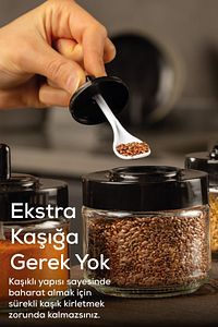 Siyah Serigrafi Etiketli 12 Adet Kapağı Kendinden Kaşıklı Baharatlık Seti Kısa ürün fotoğrafı