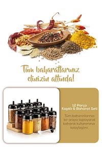 Kendinden Kaşıklı Serigrafi Etiketli 12'li Uzun Baharat Seti - Cam ürün fotoğrafı
