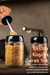 Kendinden Kaşıklı Serigrafi Etiketli 12'li Uzun Baharat Seti - Cam ürün fotoğrafı
