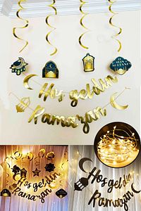 Led Işık Hoşgeldin Ramazan Gold Banner Yazı Iyi Bayramlar 6'lı Tavan Süs Ramazan Oda Süsleme Seti ürün fotoğrafı