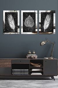Çiçek Yaprak Gümüş 3 Parça Pleksi Aynalı Tablo ürün fotoğrafı